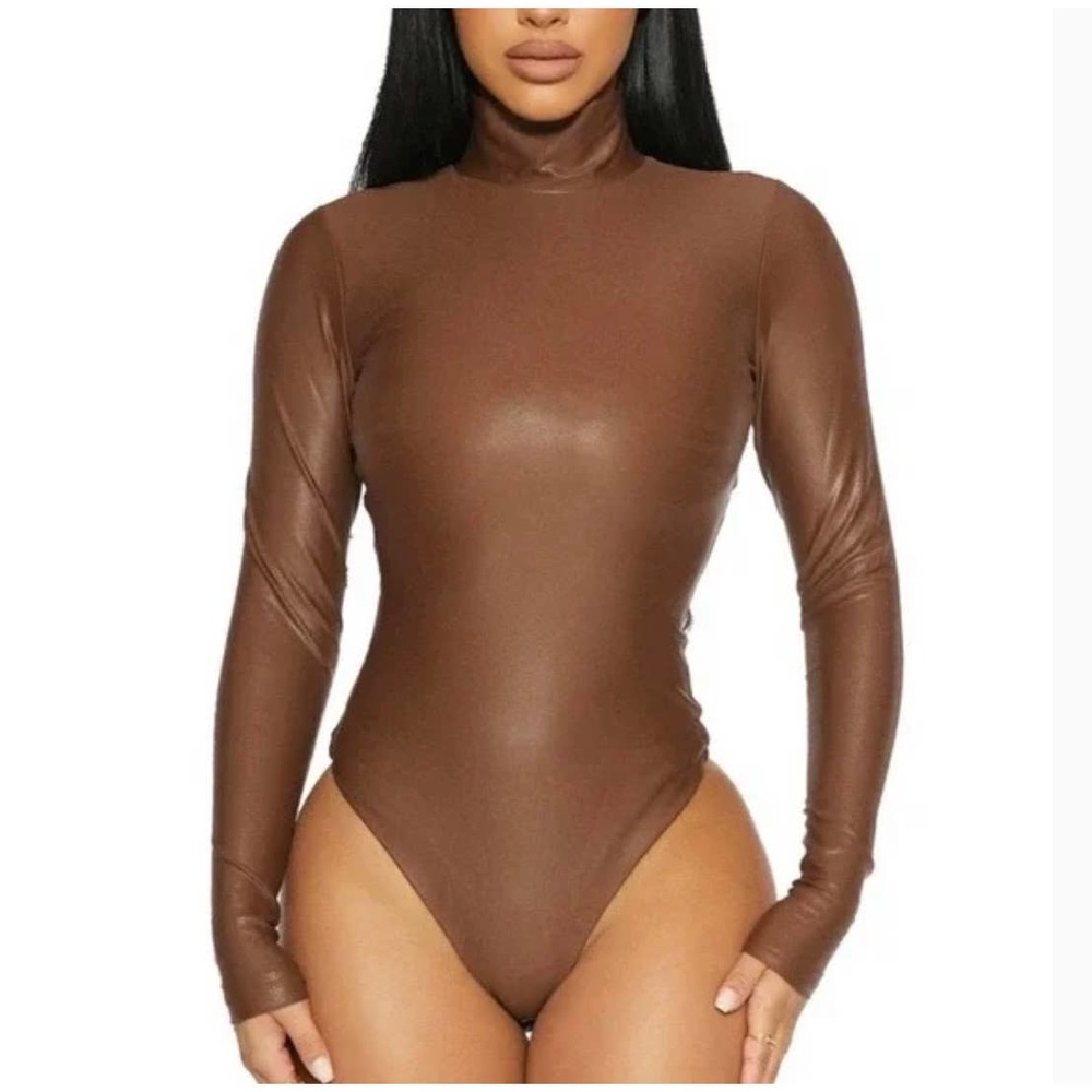 NWOT Naked Wardrobe Faux Leather Turtleneck Bodysuit Brown Small